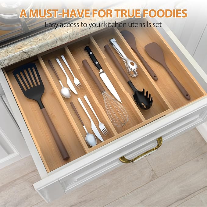 Bamboo Expandable Kitchen Drawer Organizer, 13" to 23" Adjustable Utensils and Cutlery Tray, Wood Drawer Organizer for Silverware Flatware