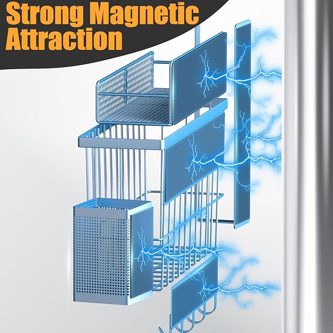 Magnetic Spice Rack for Refrigerator, 7 Pack Metal Magnetic Shelf, Moveable Magnetic Storage Fridge Organizer, Spice Organizer, Hook Rack, Paper Towel Holder, Utensils and Cutting Board Holder, Blue
