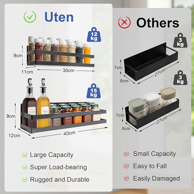 Uten Large Magnetic Spice Rack for Refrigerator, 2 Pack Enhanced Magnetic Shelves, Magnetic Shelf Moveable Fridge Organizer for Kitchen Holding Spices, Jars, Perfect Space Saver Storage Spice Rack
