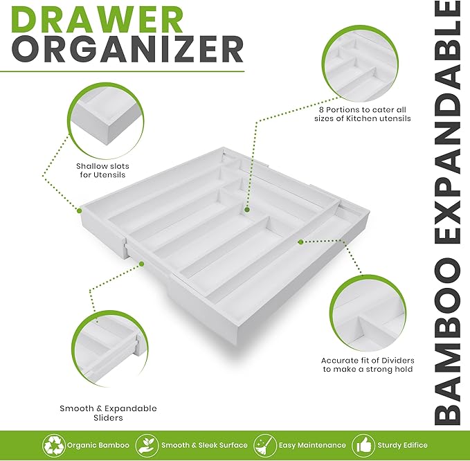 Utopia Kitchen Silverware Organizer, Expandable Bamboo Utensil Drawer Organizer, Kitchen Drawer Organizer for Cutlery, Utensils, Flatware Holder (6-8 Slots, White) Pack of 1