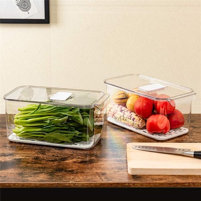 Slideep Refrigerator Food Storage Containers, Lettuce Keeper Large Produce Saver Stackable Container with Lids & Removable Drain Tray, Clear Veggie Fruit Salad Lettuce Container -2 Pack