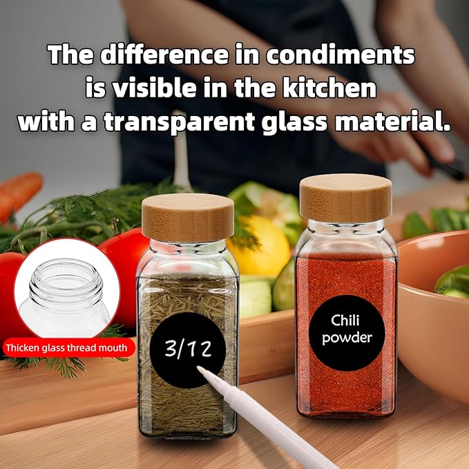 12Pcs 6oz Glass Spice Jars Bamboo Lids with Shaker Lids, Spice Jars Trial Set & Supplement Set, Empty Spice Containers and Square Spice Bottles for Kitchen (12)