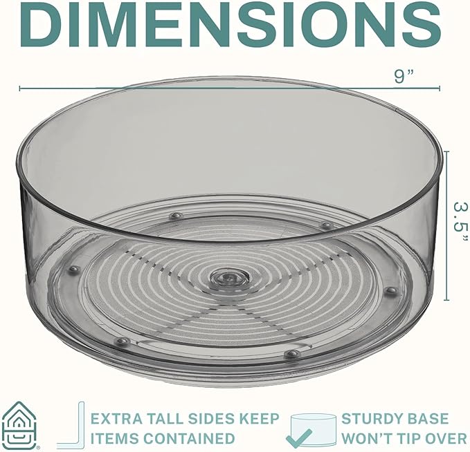 Home Intuition Round Plastic Grey Lazy Susan Turntable Food Storage Container for Kitchen (9" Round, 1 Pack)