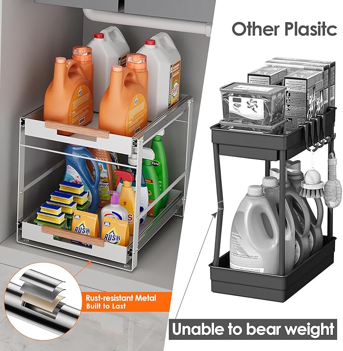 Under Sink Organizer, Pull Out Cabinet Organizer 2 Tier Slide Out Sink Shelf Cabinet Storage Metal Shelves, Sliding Under Sink Storage for Kitchen Bathroom Laundry Cabinet, Grey, 1 Pack (White)
