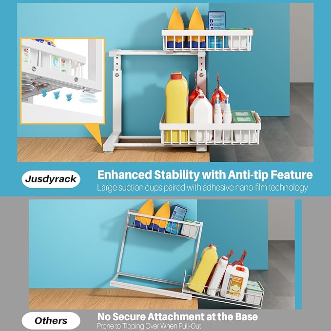 2 Packs Under Sink Organizer,Small Shelf for narrow spaces,2 Tiers Pull Out Under Cabinet Organizer,Adjustable Height,Slide Out Thickened Metal Under
