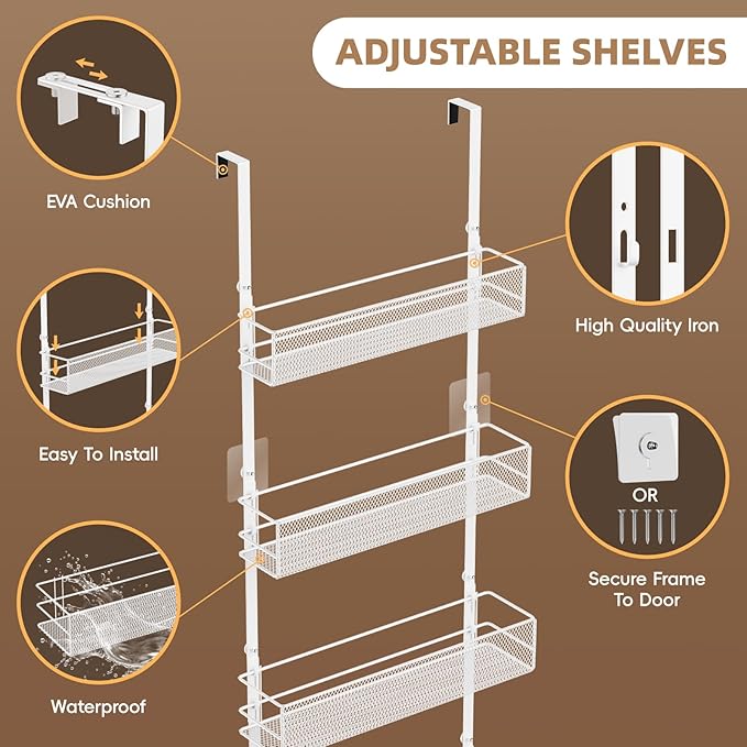 Over the Door Pantry Organizer - 8-Tier Mesh Basket Hanging & Wall Mounted Pantry Door Organizer, Over the Door Spice Rack with Adjustable Hooks for Kitchen, Bathroom, Bedroom, Storage Room (White)
