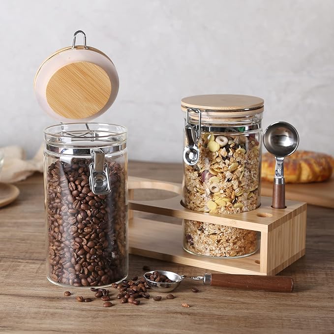 KKC HOME ACCENTS Airtight Glass Coffee and Sugar Storage Jars with Sealed Clamp Lids and Scoops, Air Tight Glass Coffee bean Containers for Ground Coffee,Loose Leaf Tea,Brown Sugar,Matcha,40 FL OZ