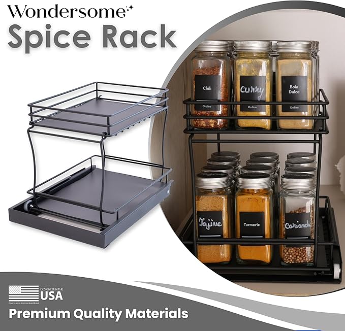 Wondersome Pull-Out Spice Rack Organizer for Cabinet Shelf - Matt Black - 2-Tier Kitchen Jars Organization and Storage Tray - EZ-Slide Rolling Drawer Wheels - Assembles in Moments - US-Based Brand