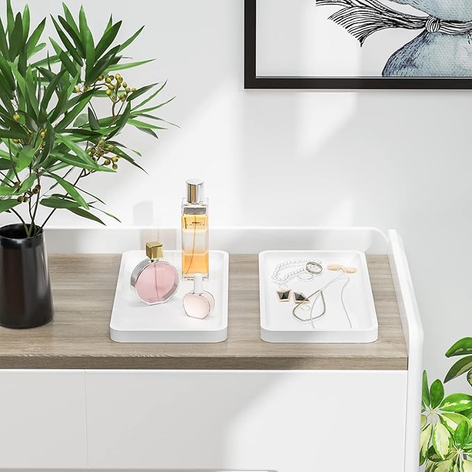 Weenson Bathroom Vanity Trays for Countertop Toiletries Decor Candle Perfume Makeup, Kitchen Tray for Soap Dispenser Spice Salt Oil, White Tray for Toilet Tank Coffee Nightstand Set of 2