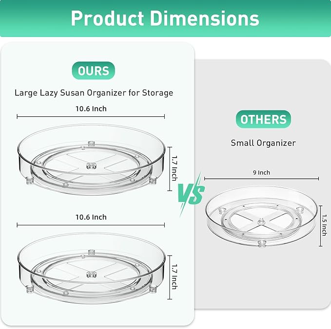 2 Pack Lazy Susan Organizer, 11 Inch Lazy Susan Turntable for Cabinet, Turntable Organizer for Pantry Organizers and Storage, Non-Skid Fridge Organizer