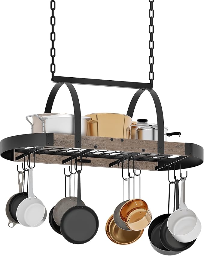 Hanging Pot Rack, Pot Hanger for Kitchen, Ceiling Mounted Pot Holder, Cookware Organizer with 12 S-Shaped Hooks, for Pot, Pan Storage, Space-Saving, Greige and Black TPR08BGC1