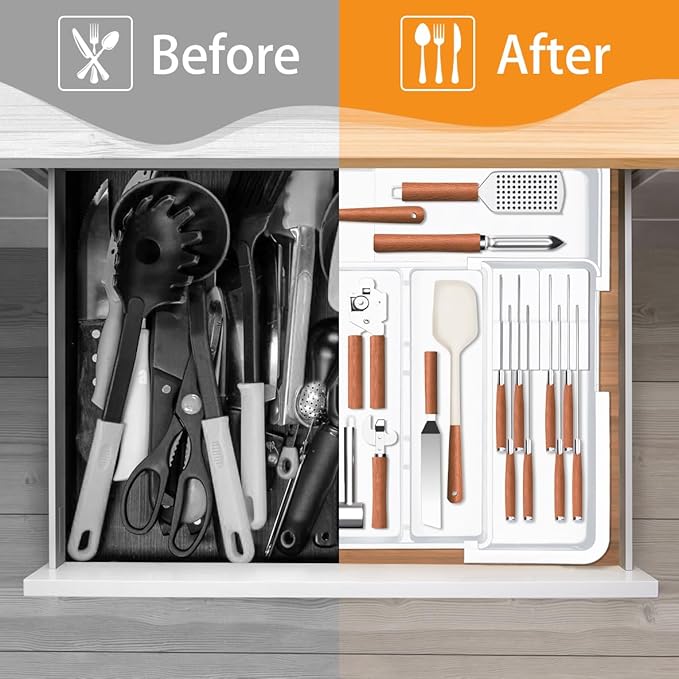 Homecor Kitchen Utensil Drawer Organizer, Large 22"x 19" Expandable Silverware Organizer with Removable Knife Block, Utensil Holder and Cutlery Tray, Kitchen Spatula Tools and Gadgets Storage, White