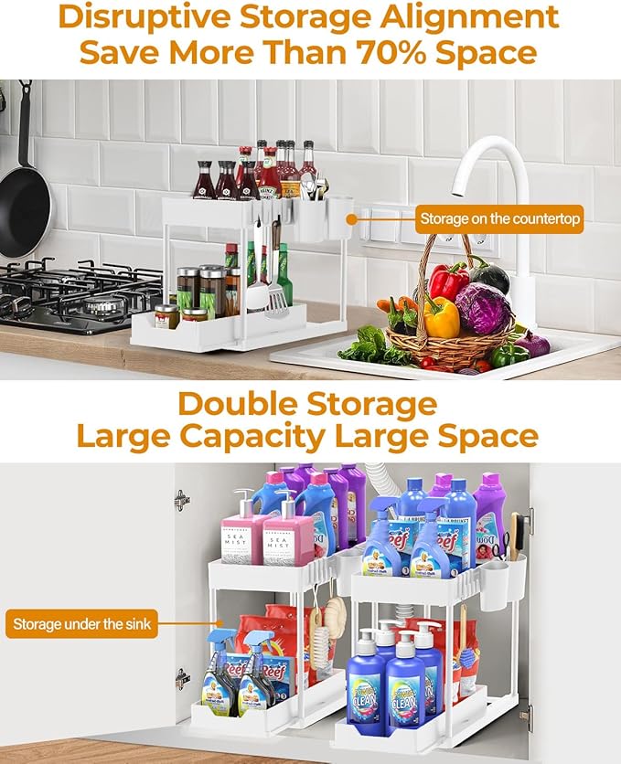 Under Sink Organizers and Storage Bathroom 2Pack, 2 Tier Kicthen Cabinet Basket Organizer, with Hooks, Hanging Cup, Dividers, Handles, Multi-purpose Under Sink Shelf Organizer, White
