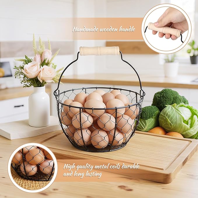 2 Pcs Egg Basket With Handle,Wire Egg Basket for Gathering Fresh Eggs, Round Egg Collecting Basket for Farm,Vintage Style Chicken and Duck Eggs Basket Egg Countertop Storage Container Holder