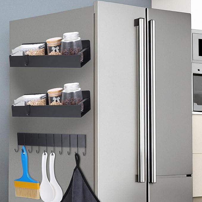 MAQUITA Magnetic Spice Rack for Refrigerator,Spice Organizer Magnetic Shelf for Fridge Side,Magnetic Storage Shelves for Kitchen,Small Kitchen Storage Rack with Magnetic Hooks Rack(3 Pack)