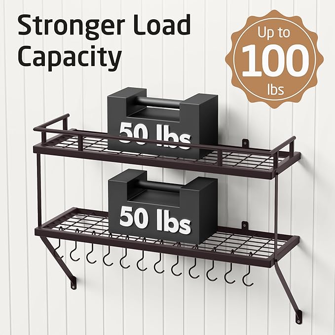 KES 30-Inch Oiled Bronze Pot Rack Wall Mounted, 2-Tier Hanging Pot and Pan Organizer with 12 Sturdy Hooks, Kitchen Wall Hanger Shelves Farmhouse Style, KUR215S75B-OB