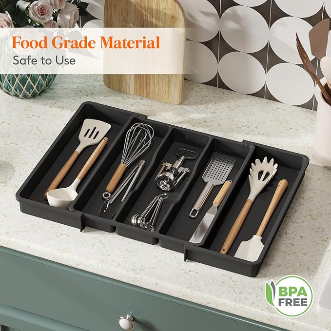 Lifewit Silverware Drawer Organizer and Utensil Organizer Set, Expandable Cooking Cutlery Tray for Kitchen, Adjustable Plastic Flatware Holder Storage Divider for Spoons Forks Knives, Large, Black