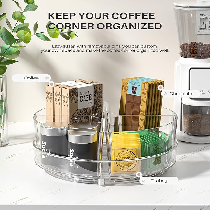 Lazy Susan Organizer, 9 inch Rotating Storage Organizer with 4 Removable-Bins,Turntable Organizer for Fridge, Kitchen, Vanity, Cabinet