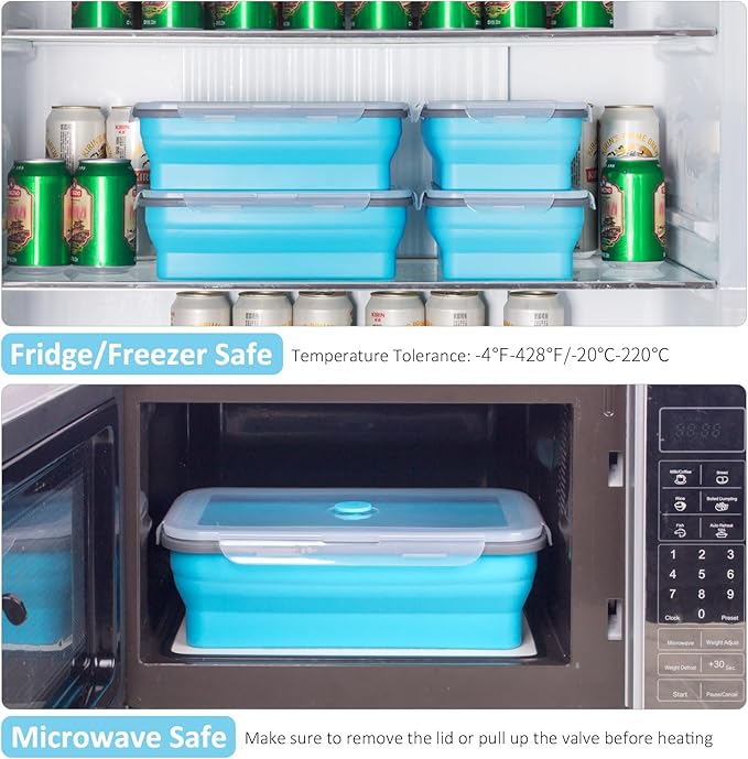 Extra Large Collapsible Food Storage Containers with Lid & Air Vent, 81 oz, 4 Pack, XXL Collapsible Marinade Container BBQ Prep Foldable Silicone Containers, Microwave Freezer Dishwasher Safe, Blue