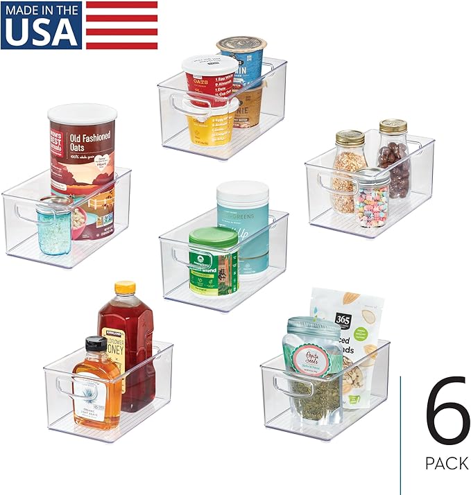 iDesign Stackable Pantry Bins with Handles for Cabinets or Fridge, Set of 6, Clear, Made in USA