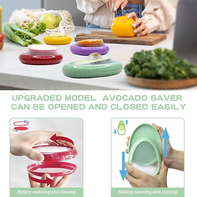 Avocado Saver and Onion Holder -Set of 4 Reusable Fruit and Veggie Savers for Fridge - BPA-Free, Prevent Flavor Mixing, Keep Fresh (Cyan, Purple, Red And Yellow)