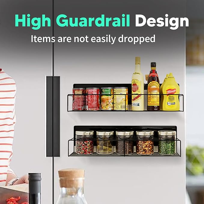 2 Packs Magnetic Spice Rack for Refrigerator, Moveable Magnetic Shelf, Black Fridge Organizer for Kitchen Space Saving