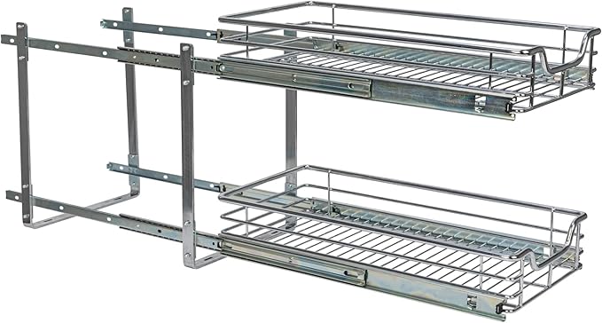 Household Essentials Glidez Slide Out Cabinet Organizer, 11.5” Wide, Durable Chrome-Plated Steel Frame,Dual Baskets & Smooth Glides,Heavy-Duty & Space-Optimizing,Simple Assembly & Installation, Chrome