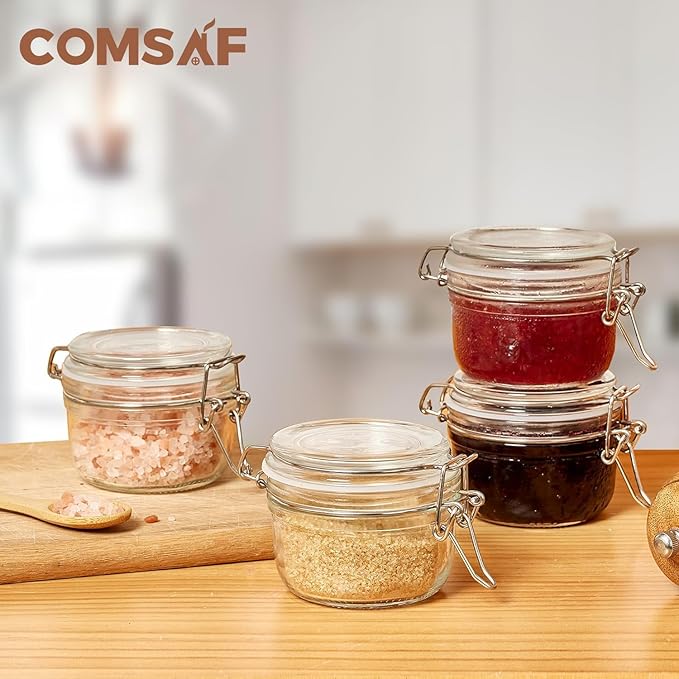 ComSaf 4oz Small Airtight Glass Jars Set of 12 with Lids Food Storage Jar Round, Mason Jar, Mini Storage Container with Clear Preserving Seal Wire Clip Fastening for Kitchen Canning, Jam, Spice, Honey