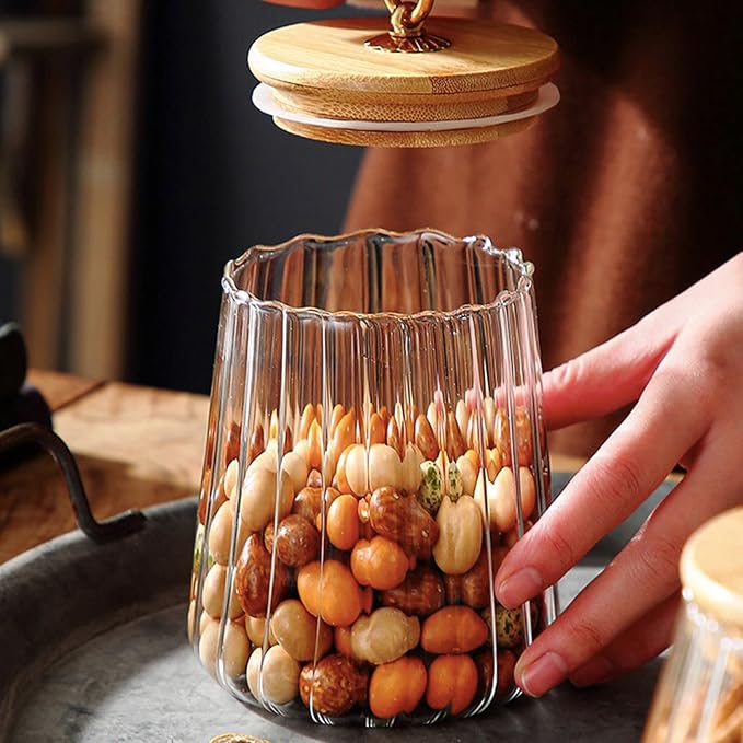 Strip Pattern Clear Glass Candy Jar with Bamboo Lid,Food Storage Jar,Glass Jar with Lid,Coffee Sugar Canister Airtight Storage Container (Conical)