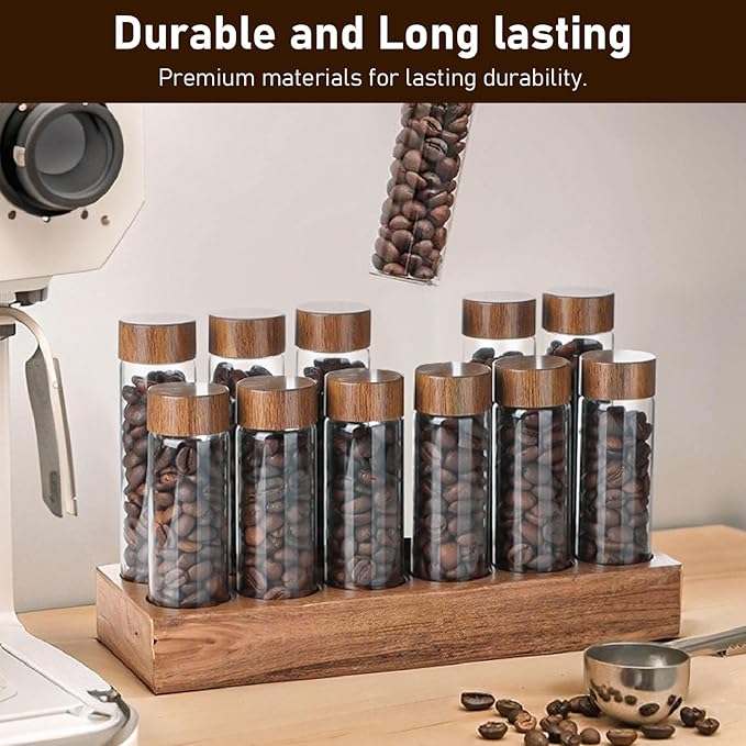 Coffee Bean Storage Tubes Single Dose, 6PCS or 12PCS Coffee Bean Cellar, Dosing Glass Vials with Lids, Wooden Display Stand and Funnel, Airtight Sealed Glass Canister Jars Tubes