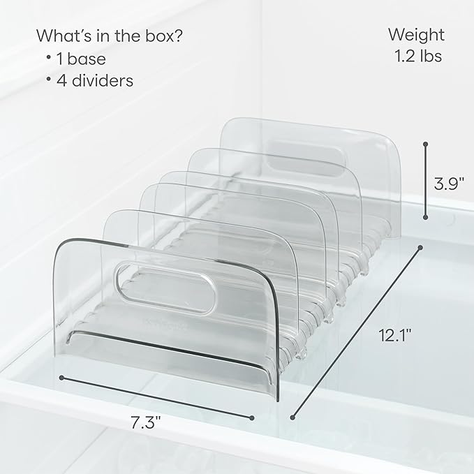 YouCopia FreezeUp Freezer Rack 12" BPA-Free Fridge Organizer with Adjustable Dividers and Handles for Frozen Food Box and Meal Storage, Clear