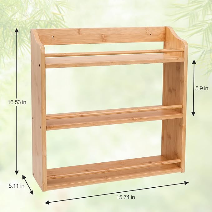 3 Tier Bamboo Spice Rack, Seasoning Jars Rack Shelf Spice Organizer for Kitchen Counter or Wall Mounting