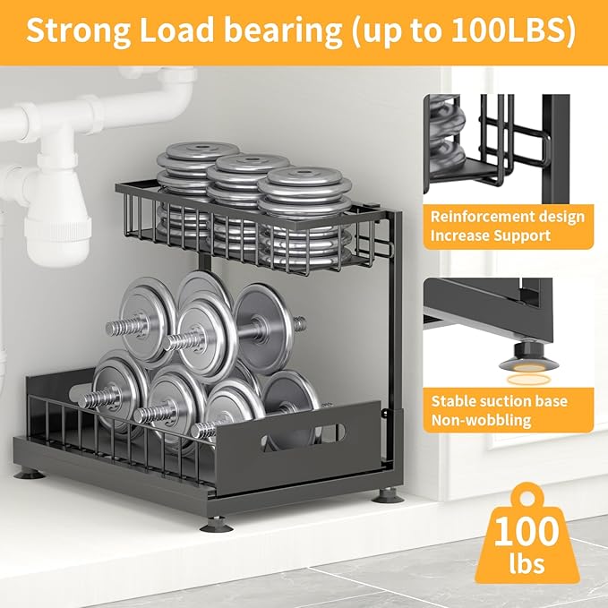 2 Pack Under Sink Organizer Storage 2-Tier Premium Metal Pull-Out Racks, Height Adjustable, Easy Installation | Kitchen & Bathroom Organizers