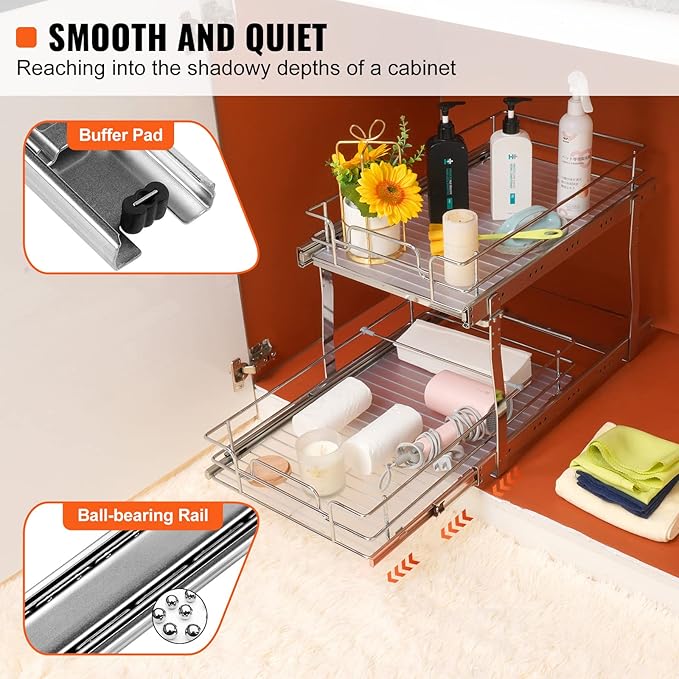 VEVOR 2 Tier 12.7" Wx21 Dx3.1" H Pull Out Cabinet Organizer, Heavy Duty Slide Out Pantry Shelves, Chrome-Plated Steel Roll Out Drawer for Under Sink, 11.8" Wx20.3" Dx3.1"H Install Size for Cabinet