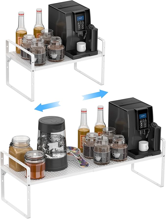 iPEGTOP Expandable Cabinet Storage Shelf Organizer Rack, Heavy Duty Stackable Steel Metal Spice Rack Adjustable Height Pantry Garage Shelf for Counter Kitchen Organization, White - 2 Pack