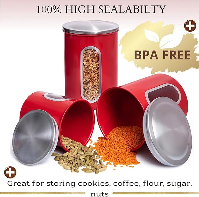 Mixpresso 3-Piece Red Canister Set - Airtight Coffee & Tea Organizer with See-Through Window, Sugar Canister - Kitchen Decor