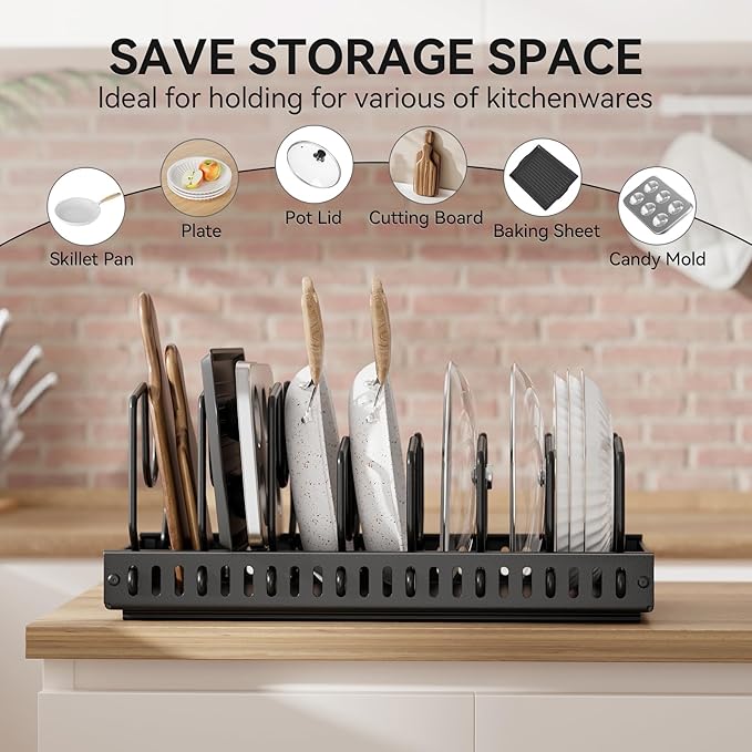 SUNZOS Pots and Pans Organizer for Under Cabinet, Pull Out Pot Lid Organizer for Kitchen, Pan Holder Inside Cabinet and Storage with 8 Adjustable Dividers