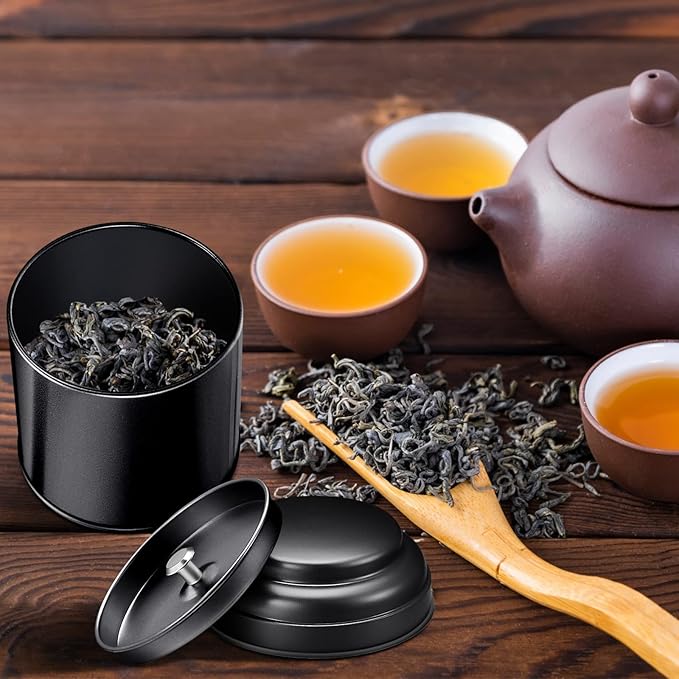 12 Pcs Tea Tin Canister with Airtight Double Lids 8 oz Round Tin Can Box Small Kitchen Tea Canister Loose Leaf Storage Containers for Loose Bags Coffee Sugar Candy Spices(Black)