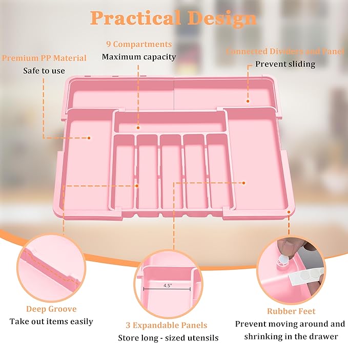 Silverware Organizer Expandable Kitchen Utensil Drawer Organizer Large BPA Free Adjustable Cutlery Silverware Tray for Spoons Forks Knives Storage Divider for Kitchen Flatware 6-9 Slots Pink