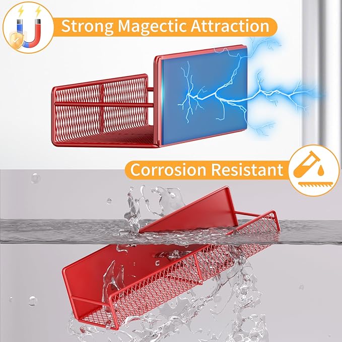 Magnetic Spice Rack for Refrigerator, 2 Pack Metal Magnetic Shelf, Moveable Spice Organizer with Hooks, Super Magnetic Fridge Shelf for Kitchen Organization and Storage, Red