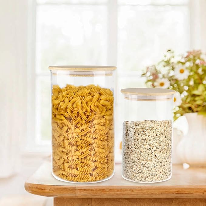 2 Pack 140oz+40oz Glass Food Storage Jars with Bamboo Lids Airtight, Clear Glass Storage Containers Food Canisters for Flour, Candy, Cookie, Nuts, Kitchen Pantry Organization Jar, BPA Free