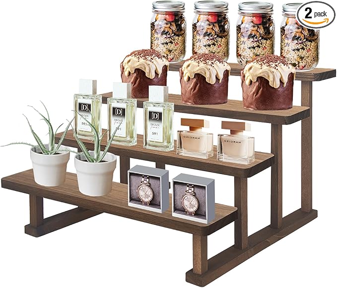 2PACK Spice Rack Stand 4 Tier Wooden Display Shelf for Tabletop Riser Stand for Party,Kitchen,Perfume,Vendors event, Collection