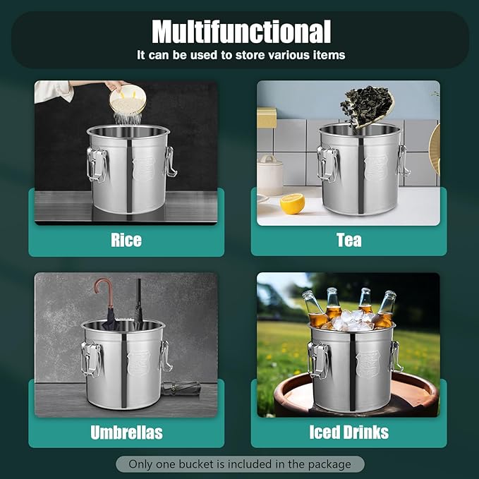 12L Stainless Steel Airtight Canister Rice Cereal Grain Canisters Container Food Oil Sugar Milk Storage Bucket w/Handles+Lid Cylinder Jar for Household Kitchen Bar Restaurants Silver (12L)