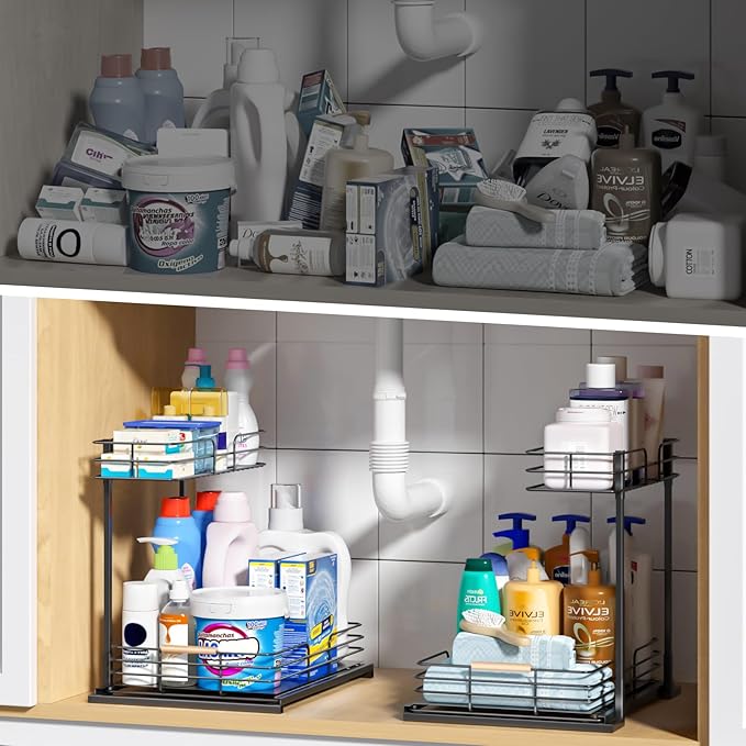 LAMU Under Sink Organizers and Storage, 2 Tier Bathroom Kitchen Cabinet Organizers, Pull Out Under Sink Storage Kitchen Shelf Organizer for Under Counter Storage