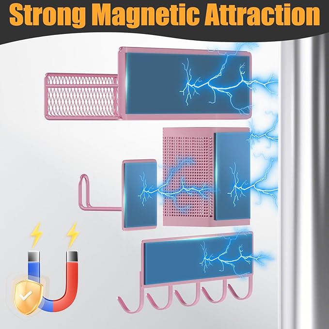 Magnetic Spice Rack for Refrigerator, 10 Pack Metal Magnetic Shelf, Moveable Spice Organizer with Hook Rack, Paper Towel Holder, Kitchenware Holder, Strong Magnetic Storage Fridge Organizer Pink