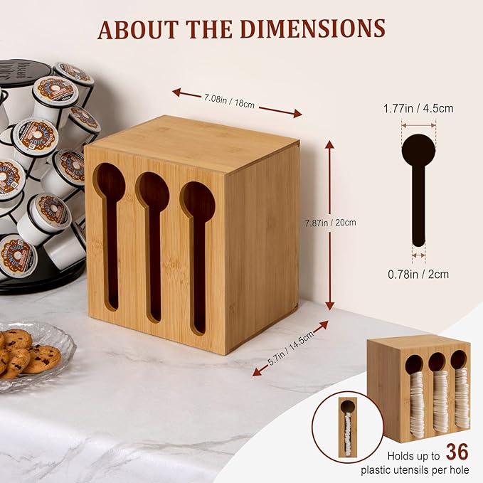Bamboo Utensil Dispenser for Spoons and Forks, Plastic Utensil Holder Station with 3 Compartments, Plastic Utensil Organizer, Cutlery Dispenser for Party, Wedding, Church and Breakroom
