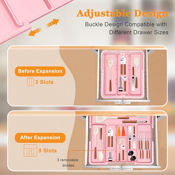 Utensil Drawer Organizer for Kitchen, Expandable Silverware Organizer Cooking Utensils Tray, Large Cutlery and Flatware Holder, Kitchen Tools & Gadgets Storage (Pink)