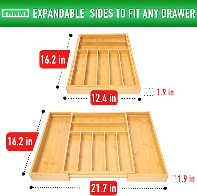 Large Expandable Utensil Organizer Silverware Organizer for Kitchen Adjustable Utensils Holder Bamboo Flatware Silverware Cutlery in Drawer (9 slot, Natural