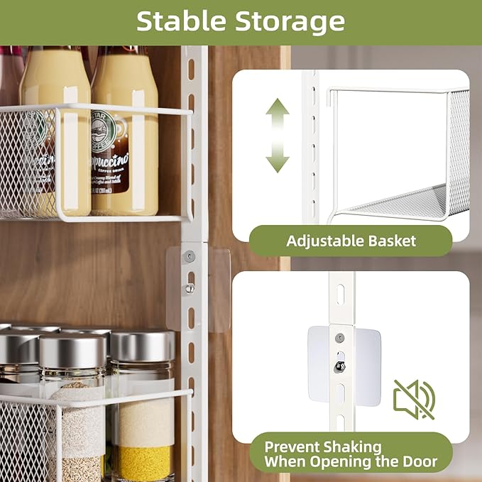 Over The Door Pantry Organizer, 6-Tier Pantry Door Organizer Shelves, Metal Hanging & Wall Mount Spice Rack Organizer, Pantry Door Organization for Pantry Kitchen Storage Room Spice Rack