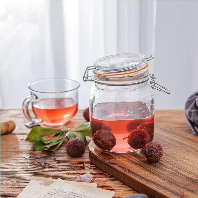 Encheng 32 oz Glass Food Storage Jars with Airtight Lids,Clear Airtight Canister with Leak Proof Rubber Gasket,1000 ml Square Large Mason Jars with Clamp Lids for Canning,Cereal,Beans,6 Pack